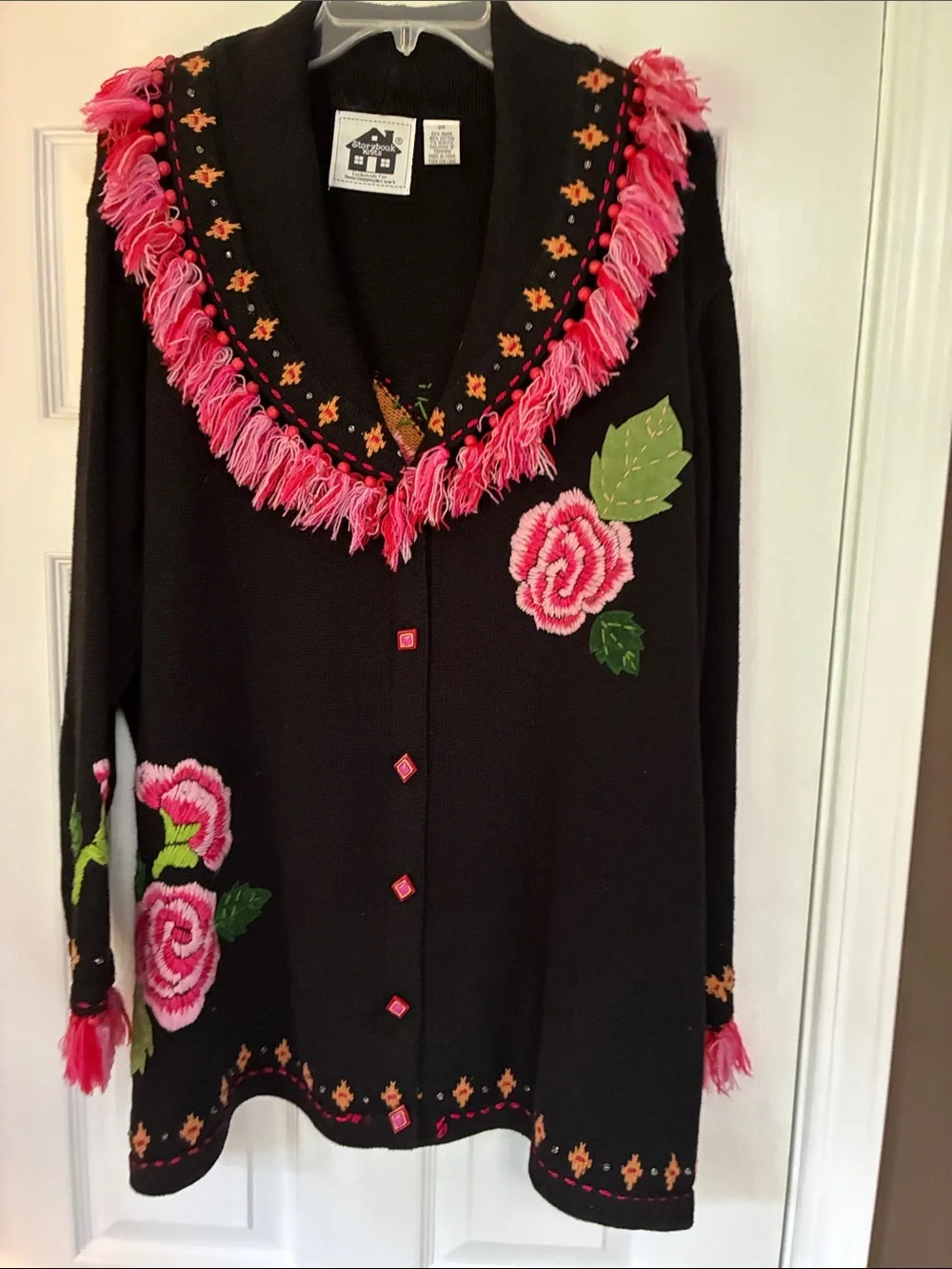 Storybook Knits Black Cardigan Sweater with Pink Rose Embroidery and Fringe 2X